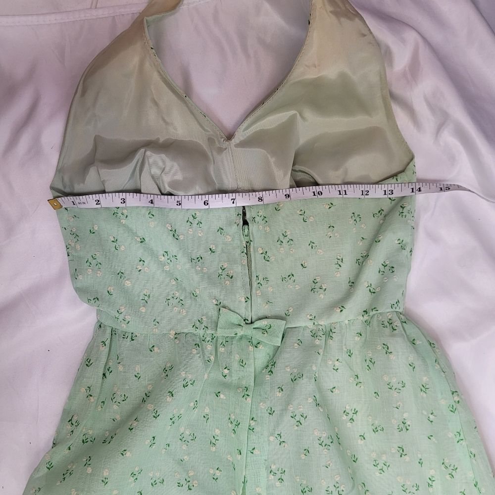 VINTAGE 70s sage‎ green tiny floral hippie boho ruffle halter maxi dress XS - Picture 9 of 12
